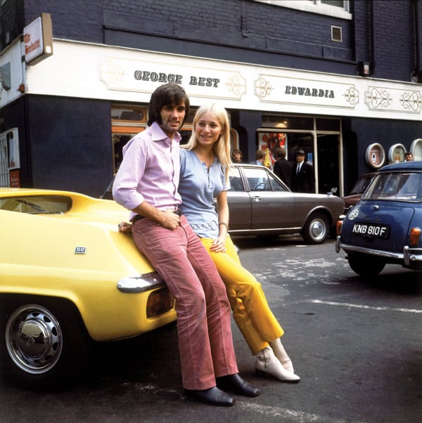 George Best and his fiancee Eva Haraldsted outside his clothing boutique